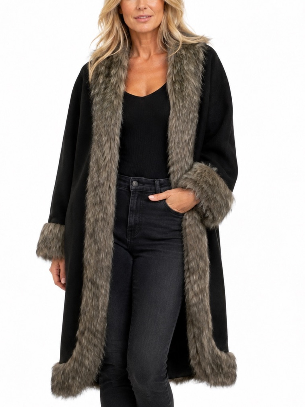 Adrienne Landau Black Faux Fur Cape SIZE M